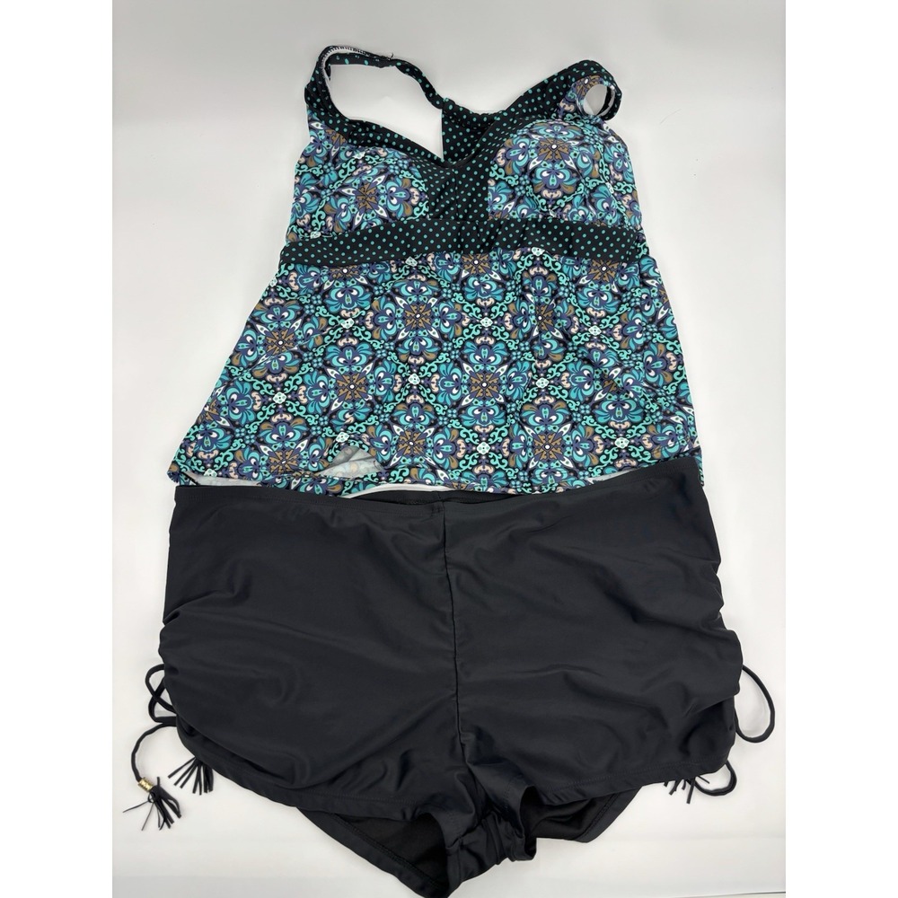 MERONA Women's 18W Tankini Halter With Bra Turq Catalina 2X Swim Shorts Black